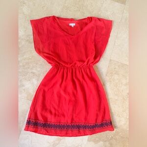 Charming Charlie Red Sheer Elastic-Waist Dress with Navy Hem Embroidery - S